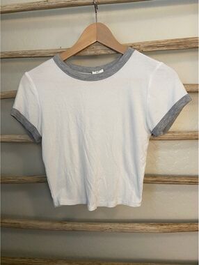 destined Small White Ribbed Crop Top with Gray Trim